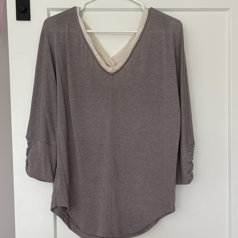 Deletta Layered V-Neck Tunic in Taupe with Cream Inset